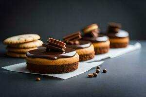 três chocolate cheesecakes com chocolate geada e biscoitos. gerado por IA foto
