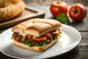 uma sanduíche com carne, tomates e alface em uma branco placa. gerado por IA foto