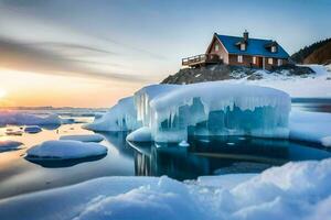 gelo floes dentro a oceano às pôr do sol. gerado por IA foto