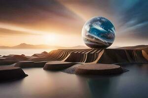 a mundo é dentro uma esfera em topo do uma Rocha. gerado por IA foto