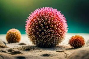 uma Rosa espetado bola em a areia. gerado por IA foto