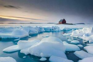 gelo floes e uma vermelho casa dentro a meio do a oceano. gerado por IA foto