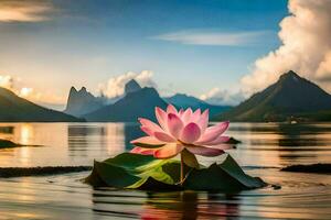 uma lótus flor dentro a água com montanhas dentro a fundo. gerado por IA foto