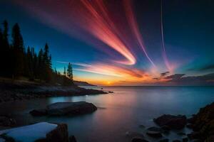 a aurora boreal sobre a lago superior. gerado por IA foto