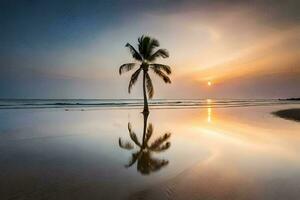 uma solitário Palma árvore em a de praia às pôr do sol. gerado por IA foto