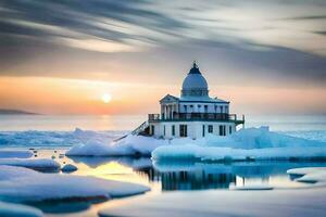 uma farol senta em topo do gelo floes dentro a oceano. gerado por IA foto