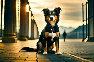 uma cachorro sentado em uma ponte às pôr do sol. gerado por IA foto