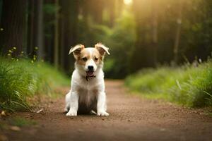 uma cachorro sentado em uma sujeira estrada dentro a madeiras. gerado por IA foto