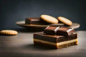 chocolate bolo com biscoitos em uma de madeira mesa. gerado por IA foto