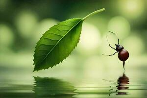 uma besouro é sentado em uma folha dentro a água. gerado por IA foto