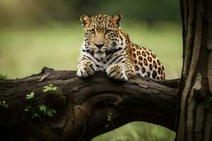 a leopardo é sentado em uma árvore ramo dentro a meio do a floresta. gerado por IA foto