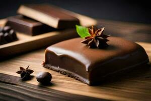 chocolate bolo com anis e especiarias em uma de madeira borda. gerado por IA foto