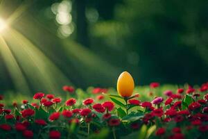 uma amarelo ovo é sentado dentro a meio do uma campo do vermelho flores gerado por IA foto