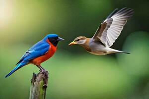 uma azul e laranja pássaro é em pé em uma de madeira publicar. gerado por IA foto