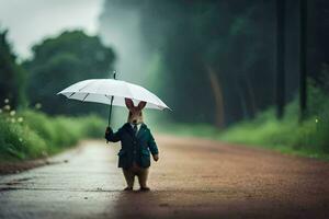 uma Coelho dentro uma terno segurando a guarda-chuva. gerado por IA foto