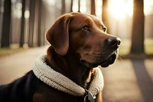 uma cachorro vestindo uma cachecol dentro a madeiras. gerado por IA foto