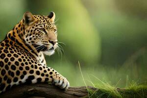 uma leopardo é sentado em uma registro dentro a grama. gerado por IA foto
