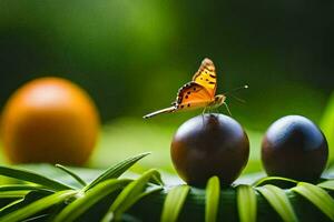 uma borboleta senta em topo do uma Castanho ovo. gerado por IA foto