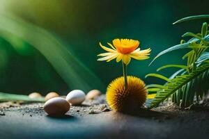 uma pequeno amarelo flor é cercado de ovos e plantas. gerado por IA foto
