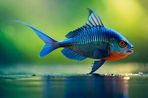 uma azul peixe com uma vermelho rabo é caminhando em a água. gerado por IA foto