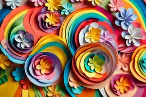 colorida papel flores estão arranjado dentro uma arco Iris padronizar. gerado por IA foto