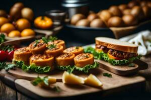 uma de madeira corte borda com sanduíches e de outros alimentos. gerado por IA foto