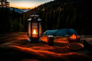 uma lanterna e uma fogueira sentar em a Beira do uma montanha às pôr do sol. gerado por IA foto