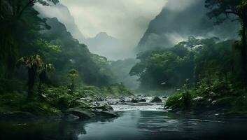 panorama do uma rio fluindo através uma verde floresta dentro a montanhas ai gerado foto