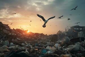 uma gaivota moscas sobre uma lixo jogar fora. a conceito do de Meio Ambiente poluição ai gerado foto