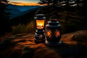 dois lanternas em uma Rocha dentro a montanhas. gerado por IA foto