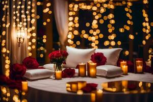 uma mesa com velas e rosas em isto. gerado por IA foto