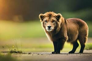 uma leão é caminhando em uma estrada dentro a meio do a dia. gerado por IA foto