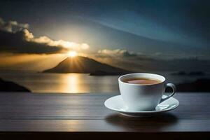 uma copo do chá em uma mesa dentro frente do uma lindo pôr do sol. gerado por IA foto