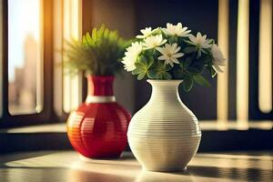 dois vasos com flores em uma mesa. gerado por IA foto