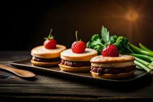 três mini sanduíches com morangos em topo. gerado por IA foto