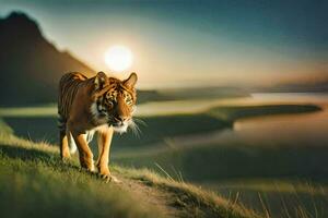 uma tigre caminhando através uma gramíneo Colina às pôr do sol. gerado por IA foto