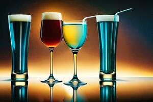 três óculos do diferente colori bebidas estão mostrando. gerado por IA foto
