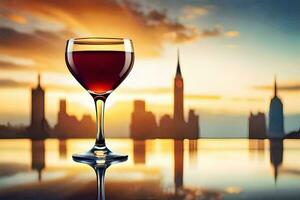 uma vidro do vermelho vinho em uma mesa com uma cidade Horizonte dentro a fundo. gerado por IA foto