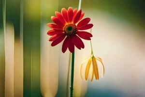 uma vermelho flor é em pé dentro frente do uma verde fundo. gerado por IA foto