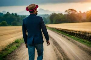 uma homem dentro uma chapéu e Jaqueta caminhando baixa uma sujeira estrada. gerado por IA foto