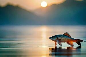 uma peixe é em pé em a água às pôr do sol. gerado por IA foto