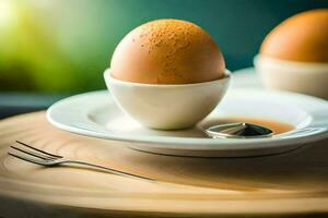 dois ovos em uma prato com garfo e colher. gerado por IA foto