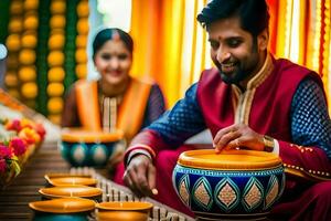 uma homem e mulher dentro tradicional indiano vestuário estão sorridente enquanto segurando tigelas. gerado por IA foto