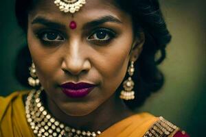 uma lindo indiano mulher vestindo joalheria e inventar. gerado por IA foto