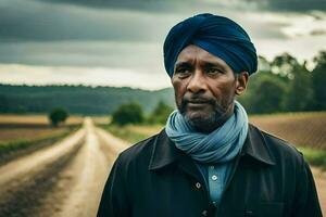 uma homem vestindo uma turbante carrinhos dentro uma sujeira estrada. gerado por IA foto