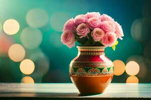 Rosa rosas dentro uma vaso em uma mesa com borrado luzes. gerado por IA foto