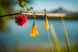 dois flores suspensão a partir de uma ramo perto uma lago. gerado por IA foto