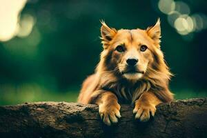 uma Castanho cachorro é sentado em uma registro. gerado por IA foto