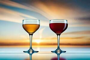 dois óculos do vinho com pôr do sol dentro a fundo. gerado por IA foto