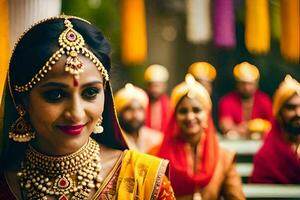 indiano noiva dentro tradicional vestuário com dela damas de honra. gerado por IA foto